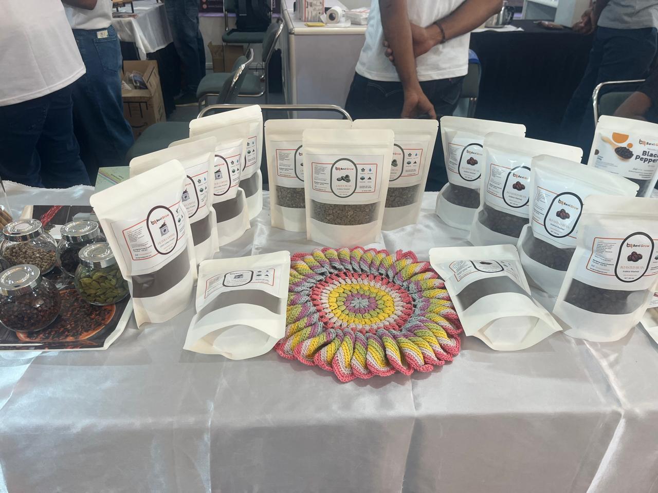 BeviGrow coffee bean and spice pouches on display